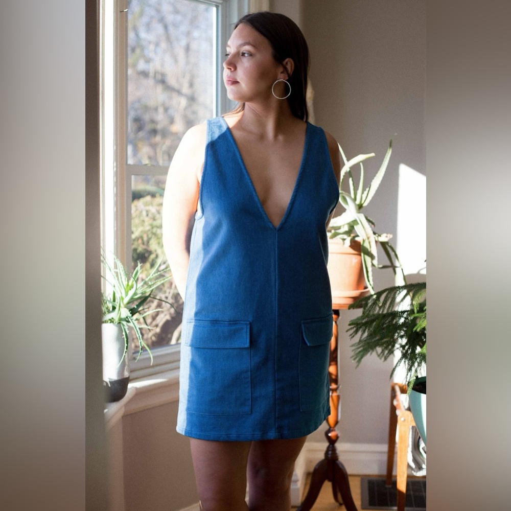 Blue Deep V Mini Dress with Patch Pockets